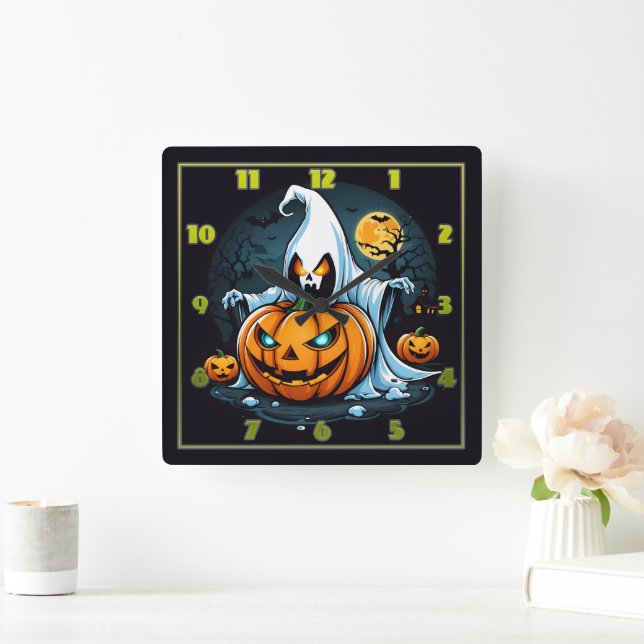 Geist mit glühenden Kürbis zu Halloween Quadratische Wanduhr (Zuhause)