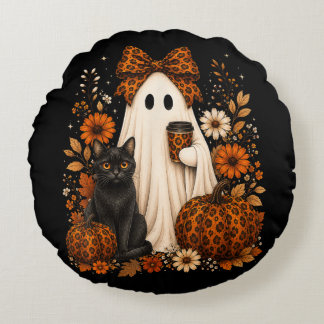 Geist mit Kaffee Schwarze Katze Halloween Rundes Kissen