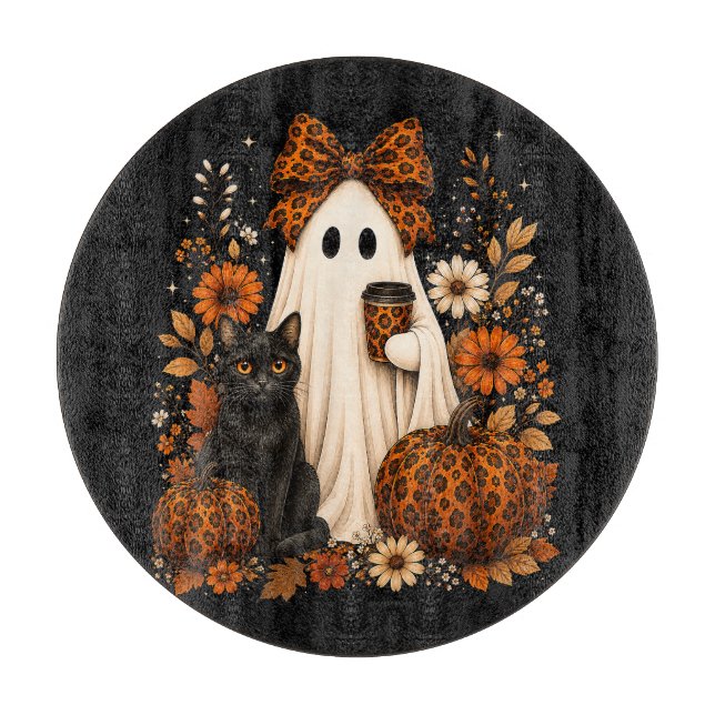 Geist mit Kaffee Schwarze Katze Halloween Schneidebrett (Vorderseite)
