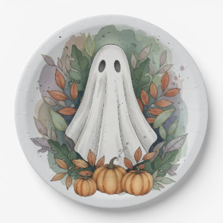Geist mit Pumpkins und Herbstblättern Pappteller