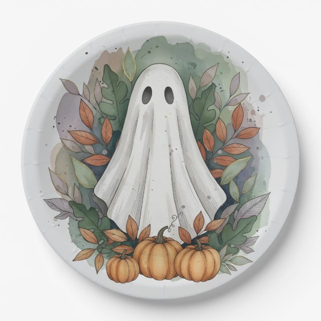 Geist mit Pumpkins und Herbstblättern Pappteller (Vorderseite)