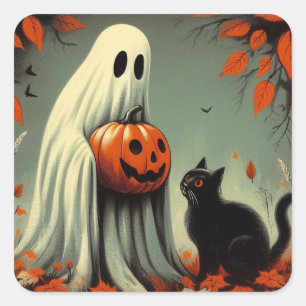 Geist mit schwarzem Kat Retro Halloween Quadratischer Aufkleber