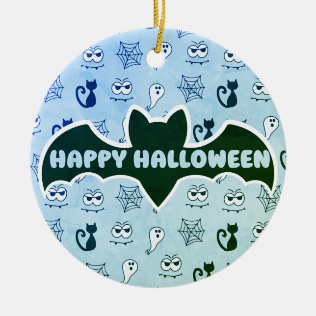 Geist, Spinnennetze und schwarze Katzen Blau Keramik Ornament (Vorne)