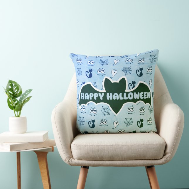 Geist, Spinnennetze und schwarze Katzen Blau Kissen (Stuhl )