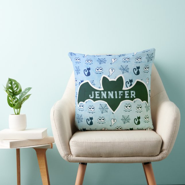Geist, Spinnennetze und schwarze Katzen Blau Kissen (Stuhl )
