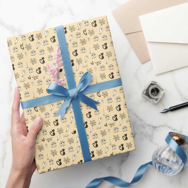 Geist, Spinnennetze und schwarze Katzen Gelb Geschenkpapier (Schenken)