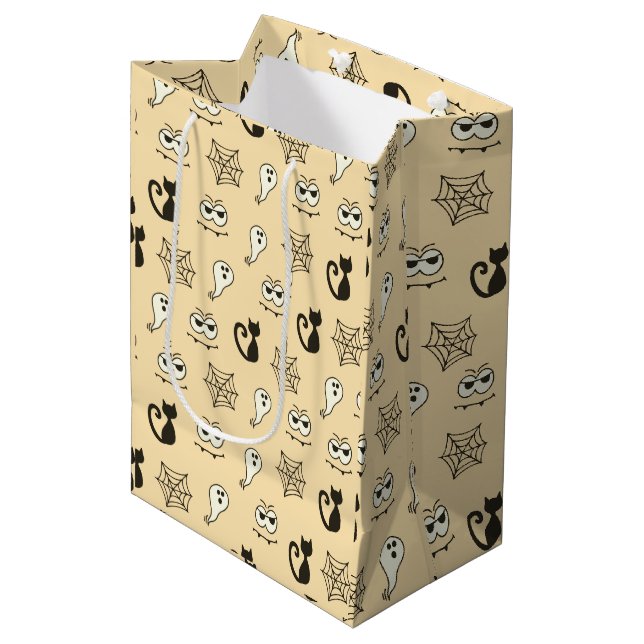 Geist, Spinnennetze und schwarze Katzen Gelb Mittlere Geschenktüte (Vorderseite Schrägansicht)