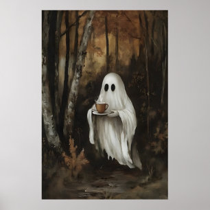 Geist trinkt Kaffee im Herbstwald-Druck, Geist Poster