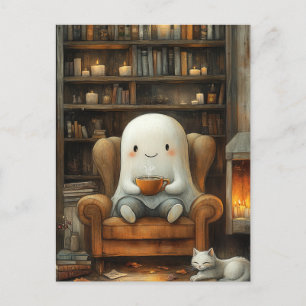Geist und Katze in der Bibliothek mit einem Kaffee Postkarte