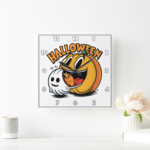 Geist und Kürbis feiern Halloween! Quadratische Wanduhr
