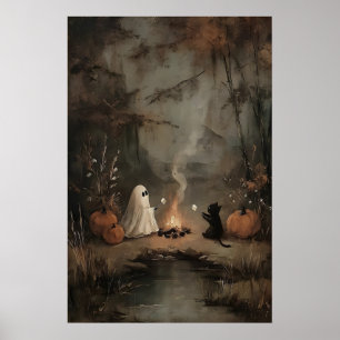 Geist und schwarze Katze am Lagerfeuer mit Marshma Poster