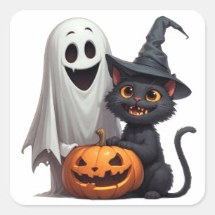 Geist und schwarze Katze Halloween-Party 👻 Quadratischer Aufkleber