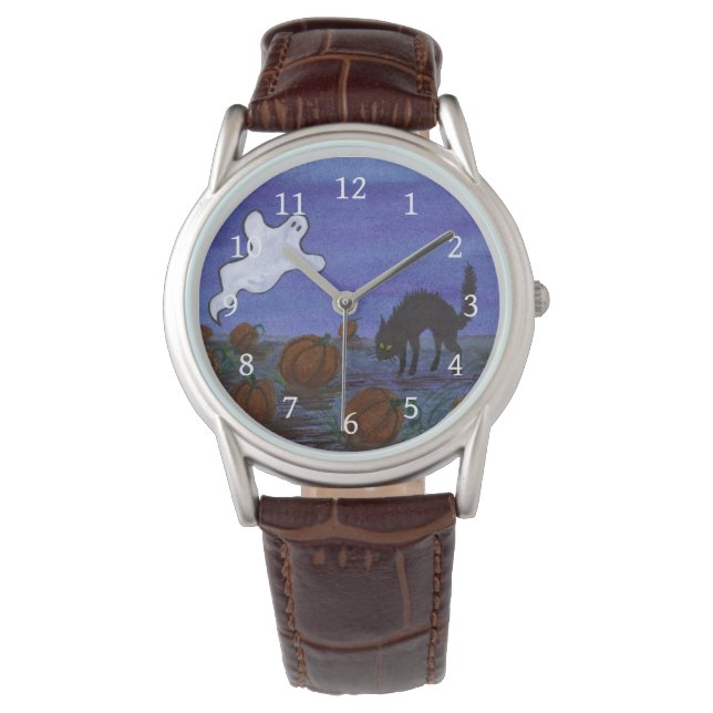 Geist und Schwarze Katze im KürbispatchHalloween Armbanduhr (Vorderseite)