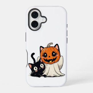 Geist und schwarze Katze tragen Halloween-Masken iPhone 16 Hülle