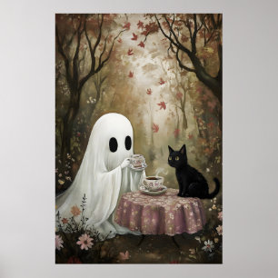Geist und schwarze Katze trinken Tee im Herbst Poster