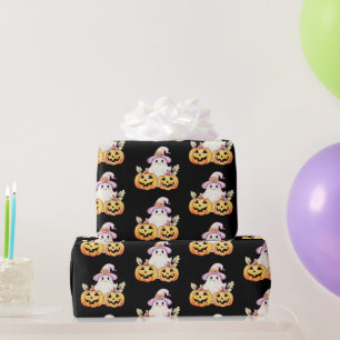 Geister-Lila-Hexenhut-Kürbismuster-Halloween Geschenkpapier