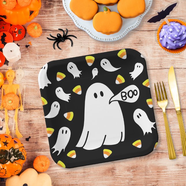Geister und Candy Corn Pappteller (Cute and whimsical, these paper plates are perfect for Halloween parties and fall gatherings!)
