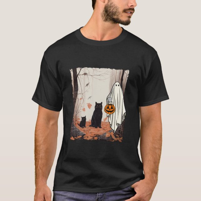 Geister und Katzen im Waldherbst Halloween-Herbst T-Shirt (Vorderseite)