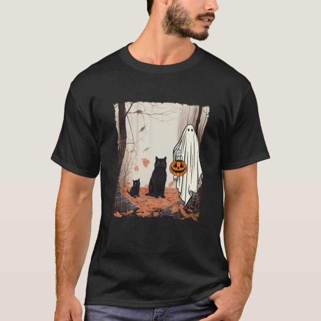 Geister und Katzen im Waldherbst Halloween-Herbst T-Shirt (Vorderseite)