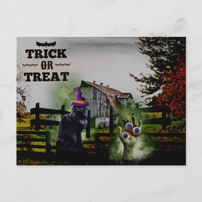 *~* Geisterhandschuhe Augen Schwarze Katze HALLOWE Postkarte (Vorderseite)