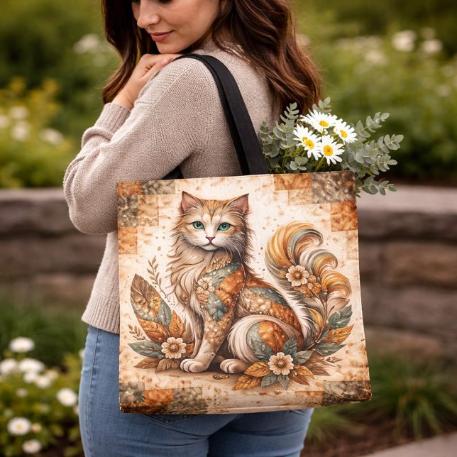 Geisterkatze, Boho-Patchwork, rustikale Volkskunst Tasche (Von Creator hochgeladen)