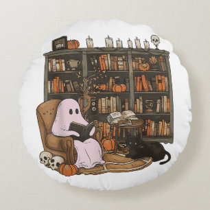 Geisterlesendes Katzenliebhaber-Buch Halloween  Rundes Kissen