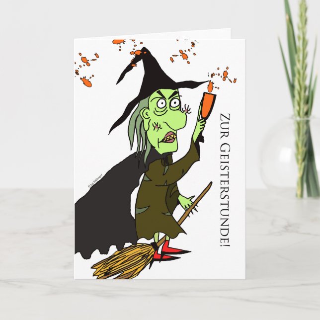 Geisterstunde, deutsches Halloween, Grüne Hexe Karte (Vorderseite)