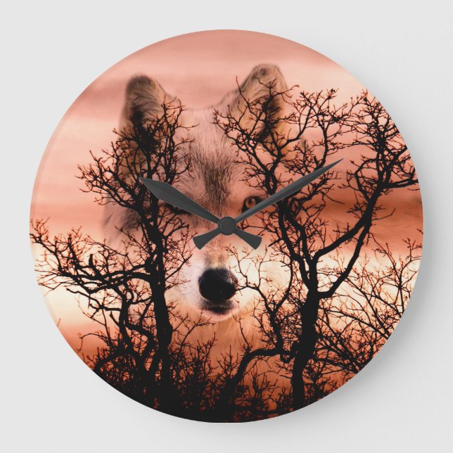 Geistwolfgesicht Große Wanduhr (Vorderseite)