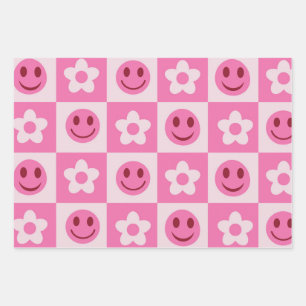 Gekachelte Blumen und glückliche Gesichter rosa Geschenkpapier Set