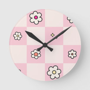 Gekachelte Gänseblümchen Rosa Runde Wanduhr