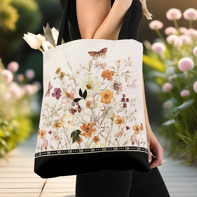 Gekaufte Wild-Blume Beige Cottailcore-Monogramm Tasche (Pressed Wild Flowers Beige Cottagecore Monogram Tote Bag)