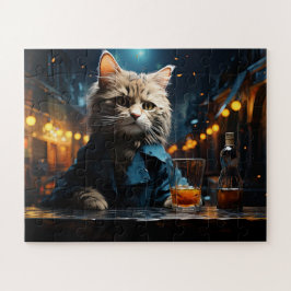Gekleidete Katze im Café bei Nacht