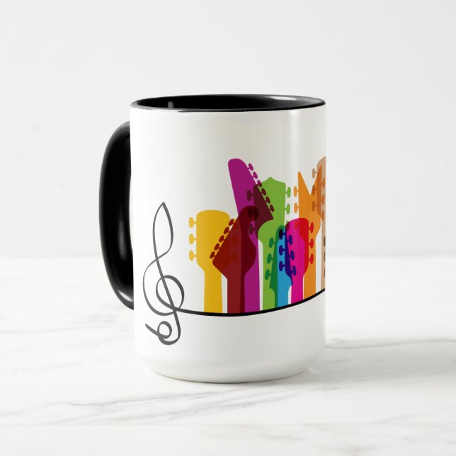 Gekleurde gitaar, gitaren met muziek noot. Gitaris Tasse (Vorderseite Links)