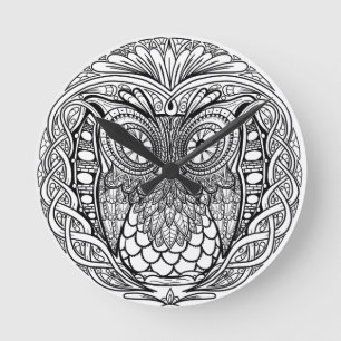 Geknotete Mandala-Eule Schwarzweiss Runde Wanduhr