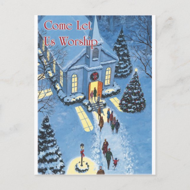 Gekommen gelassen uns, Weihnachtskirche anzubeten Feiertagspostkarte (Vorderseite)