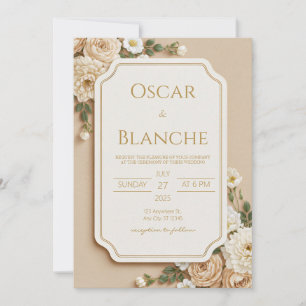 Gekrauste Elfenbein Beige Florale Vergoldete Hochz Einladung