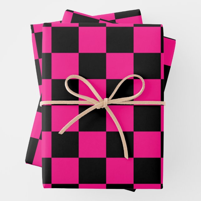 Gekreuzte Quadrate mit rosa, geometrischem Retro Geschenkpapier Set (Beispiel)