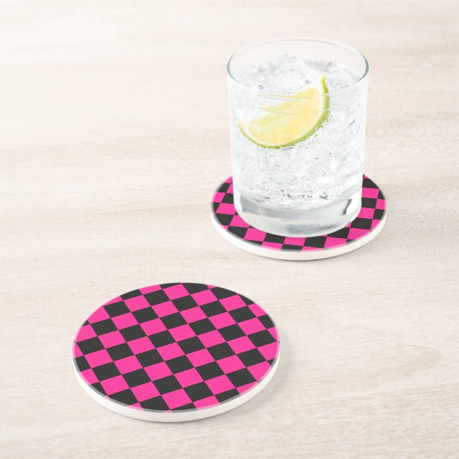 Gekreuzte Quadrate mit rosa, geometrischem Retro Getränkeuntersetzer (Seite)