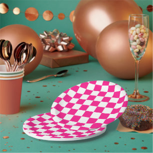 Gekreuzte Quadrate mit weißem, rosa Retro Pappteller