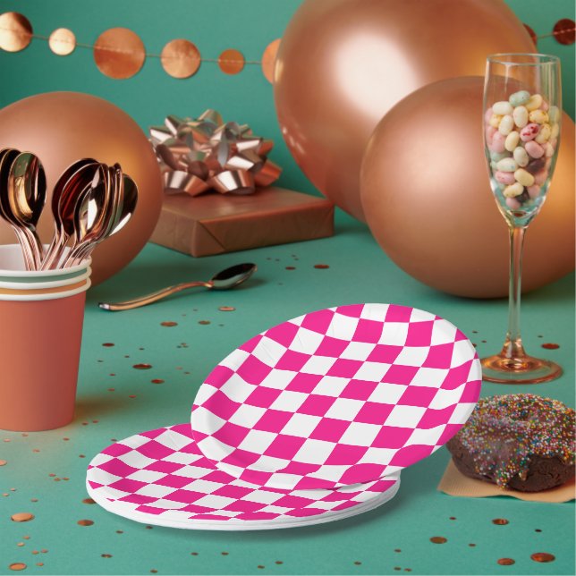 Gekreuzte Quadrate mit weißem, rosa Retro Pappteller (Multi)