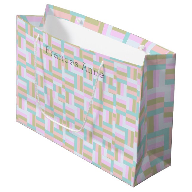 Gekreuztes Muster rosa/blau-grün/goldweiß/weiß Große Geschenktüte (Vorderseite Schrägansicht)