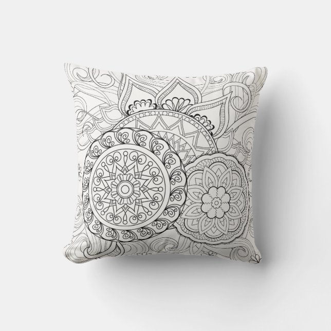Gekritzel-Blumen und Mandalas Kissen (Vorderseite)
