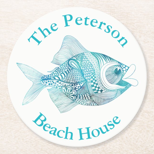 Gekritzel-Fisch-Ozean-Themed PapierUntersetzer Runder Pappuntersetzer (Vorderseite)