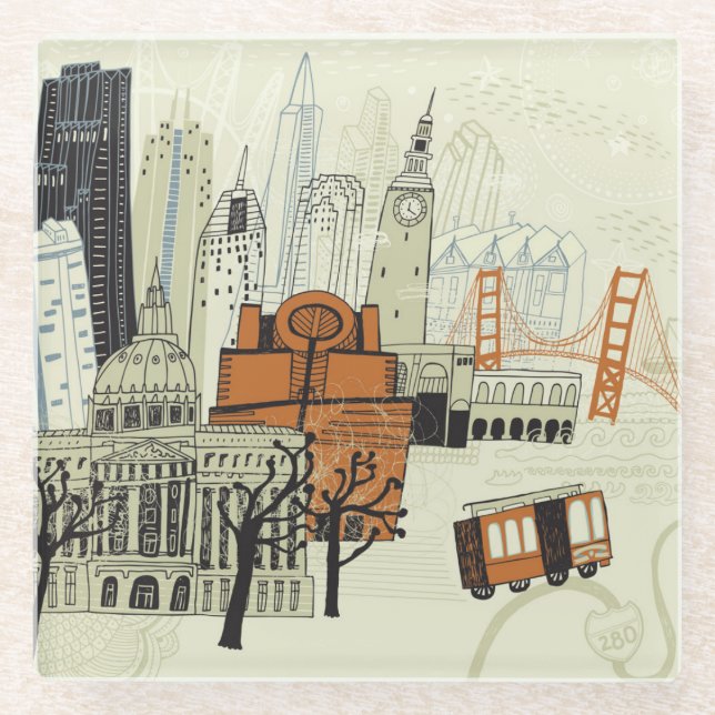 Gekritzel-San Francisco Szene Glasuntersetzer (Vorderseite)
