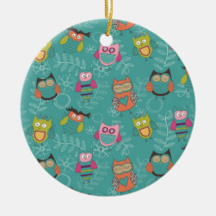 Gekritzelte Eulen auf aquamarinem Keramik Ornament