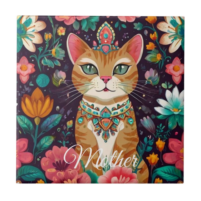 Gekrönte Katze mit Juwelen  Fliese (Vorderseite)