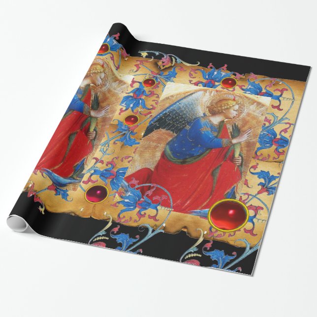 GEL IN ROT, GOLD, BLUE FLORAL PARCHMENT RED GEMS GESCHENKPAPIER (Ungerollt)