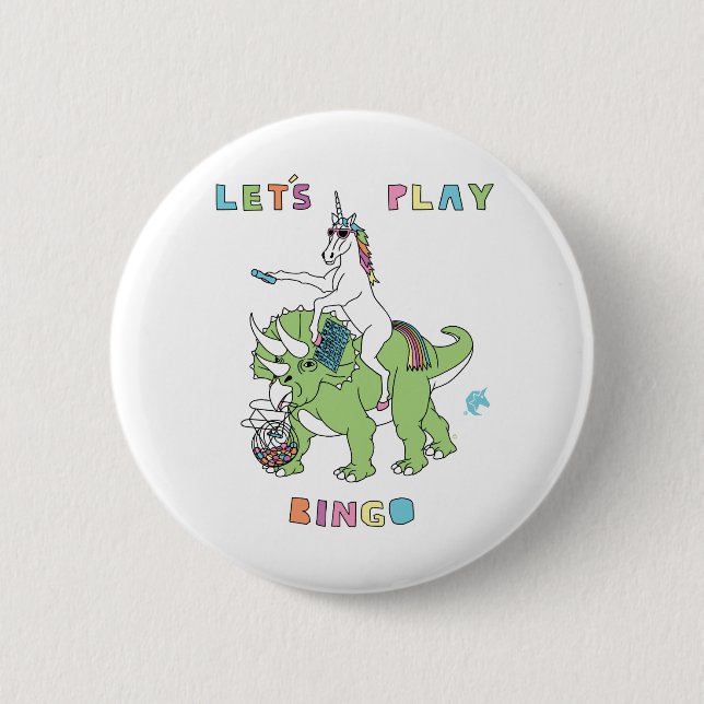 Gelassen uns Bingounicorn-Reitdinosaurier spielen Button (Vorderseite)
