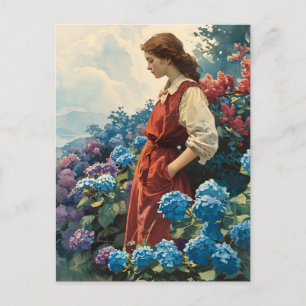 Gelassene Frau zwischen farbenfrohen Hortensien Vi Postkarte