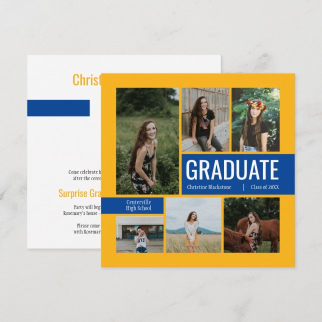 Gelb & Blau 6 Foto Abschluss Einladung (Vorne/Hinten)